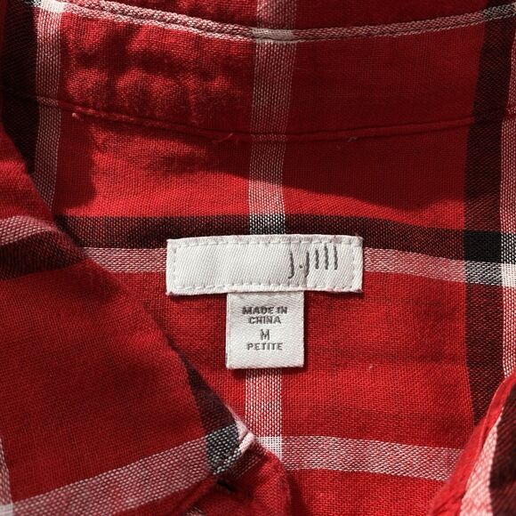 J Jill Tunic Button Up Top Womens Medium Petite Red Plaid Pockets Shacket Grunge - Picture 11 of 14